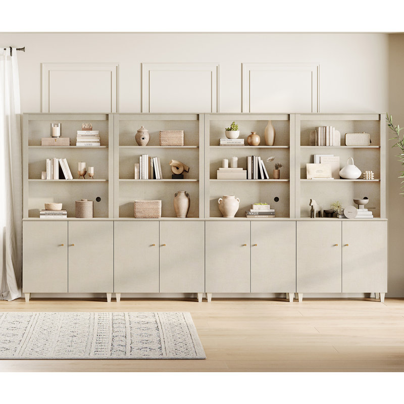 71 Inches Tall Bookcase With Doors, 5-Tier Bookshelf With Storage Cabinet For Home Office, Living Room, 142" Wide, 4 Column