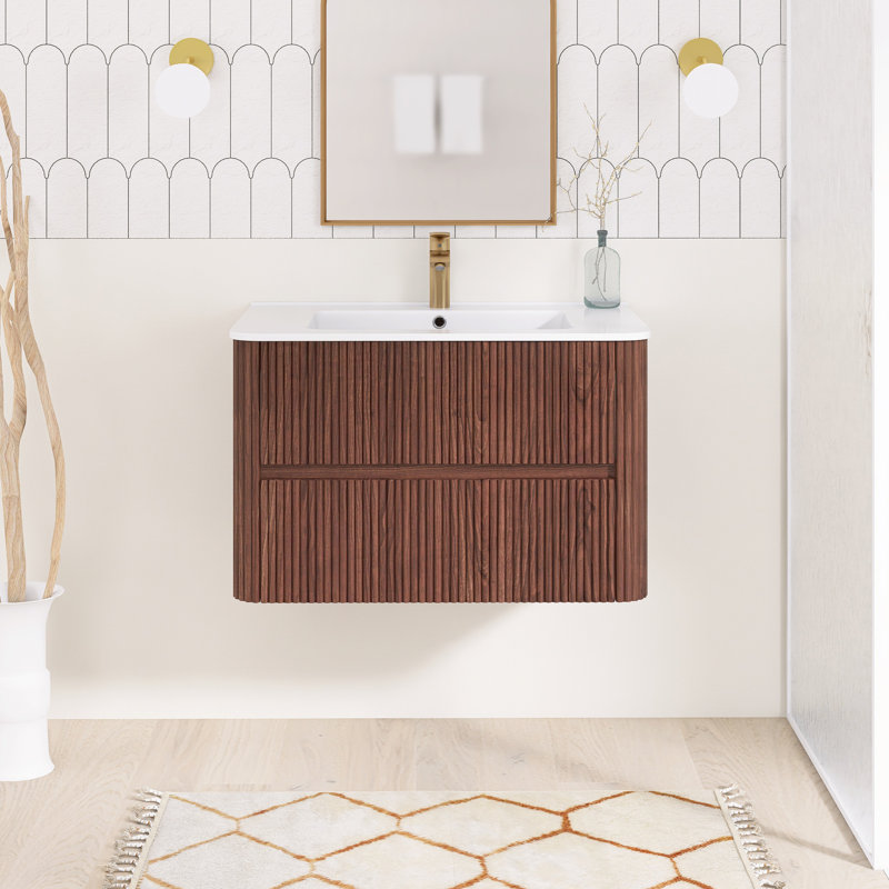 29.92 In. W X 18.31 In. D X 20.4 In. H Single Sink Wall-Mounted Bath Vanity In Deep Walnut With White Ceramic Top