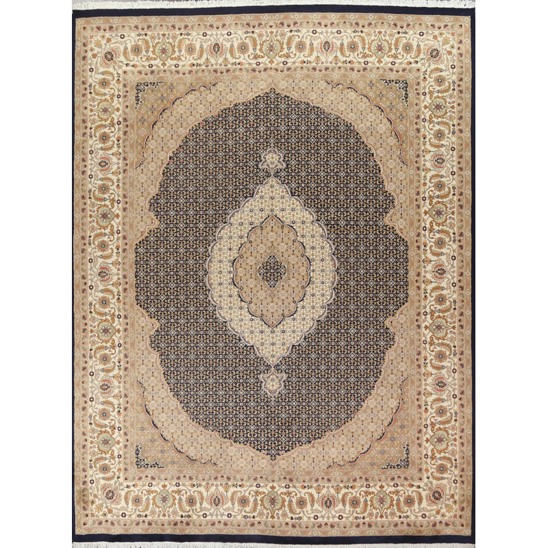 Tapis noir noué à la main de conception unique 8 pi 1 po x 10 pi 3 po Tabriz Mahi