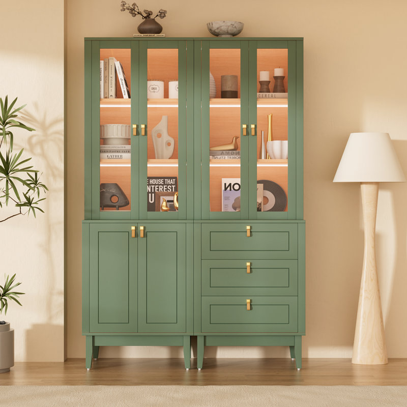  Bibliothèque modulaire de 94,5 po avec portes en verre, éclairage à DEL intégré, quincaillerie de couleur laiton et poignées en cuir véritable, grande unité murale vert sauge avec tiroirs et armoires de rangement