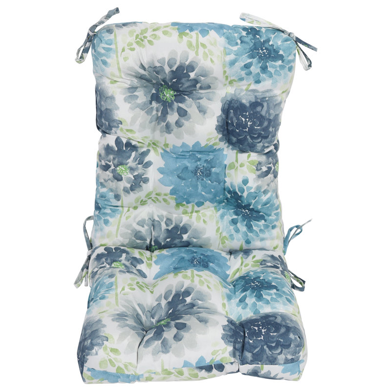 Outdoor Tufted Seat/Back Chair Cushion, White/Blue/Gardenia Cool Floral, 18" W x 18" D