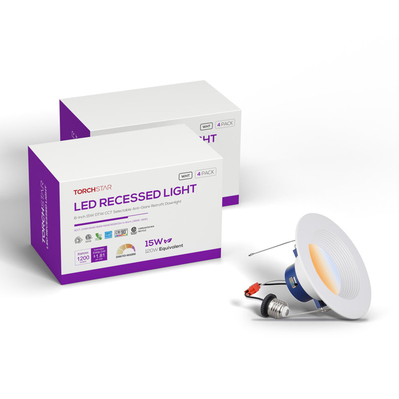 Luminaire encastré à DEL Core de 6 po à intensité variable (blanc chaud/blanc chaud), diffuseur profond anti-éblouissement, température de couleur réglable de 2 700 K à 5 000 K, 1 200 lm, 15 W, IRC 90+, étanche à l'air (norme IC), résistant à l'humidité, certifié ETL, blanc