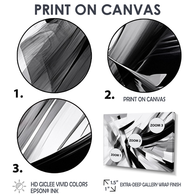 Abstrait abstrait vagues noires et blanches - Formes abstraites encadrées, Toile avec cadre flottant brun