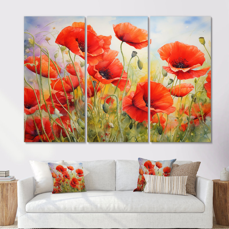 Radiant Red Poppies Pulse - ensemble de salon d'art mural coquelicots, H 28 po x l 36 po x P 1 po, Toile tendue