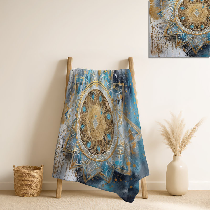 Jeté polaire bleu et or Mandala II - Boho Mandala
