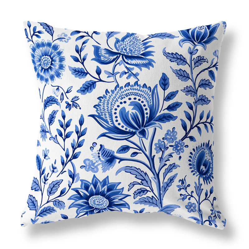 Coussin Sanganeri, Bleu / blanc floral, H 16 po x l 16 po