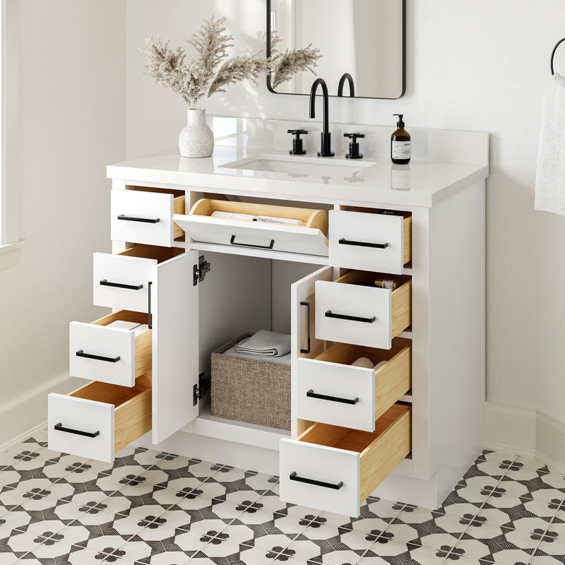Tidworth 42' Solid Wood Single Bathroom Vanity with 1.5' White Quartz Top, Forme rectangulaire, Blanc / noir mat