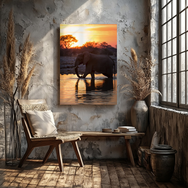 Toile, "Un majestueux éléphant se dresse dans une eau peu profonde", H 30 po x l 20 po