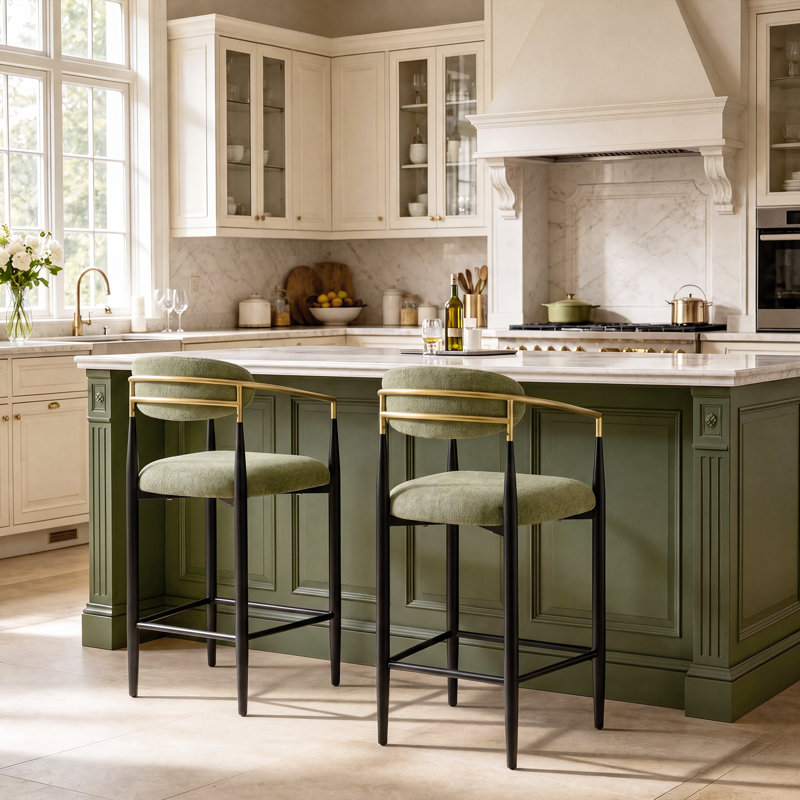 Tabouret de bar moderne en chenille avec dossier et cadre doré, Vert
