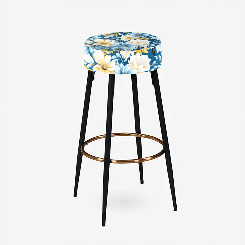 Ensemble de 2 tabourets de bar jaune et bleu à motif de fleurs de ferme I