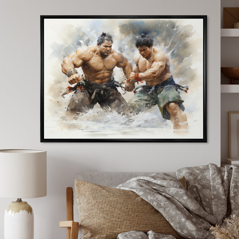 Japon Art Sumo Wrestling - estampes murales japonaises, H 34 po x l 44 po x P 1,5 po, Cadre flottant noir