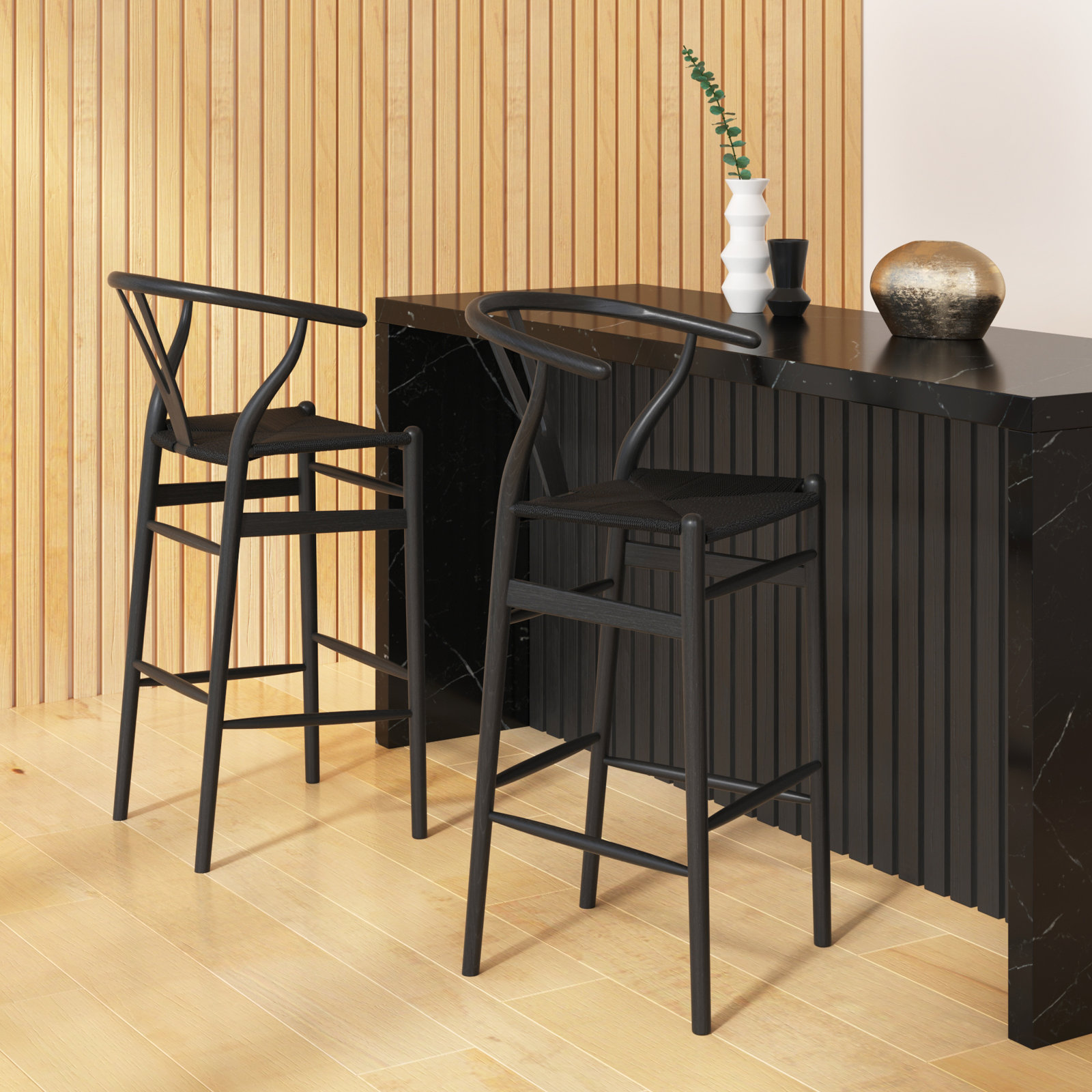 Etta Solid Wood Bar & Counter Stool, Bar Stool (30" Seat Height), Black/Black