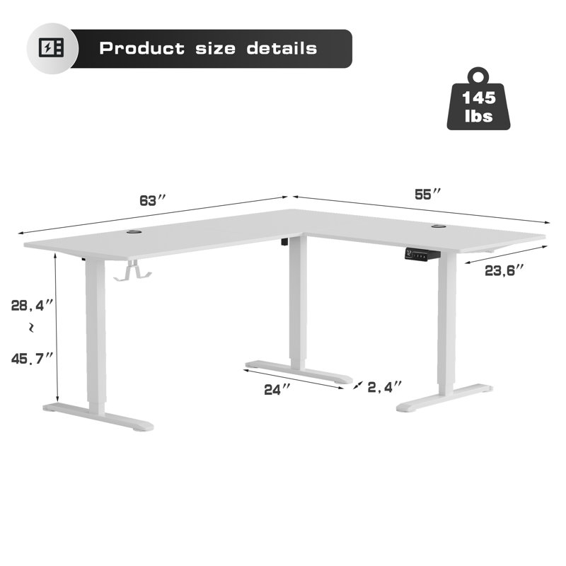 63" L Shaped Home Office Height Adjustable Electric Standing Desk, 45.7" H x 63" W x 55" D, White