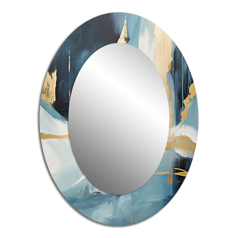 Gold And Blue Abstract Expression 4 - Abstract Oval Decorative Mirror On Metal, 40" H x 30" W