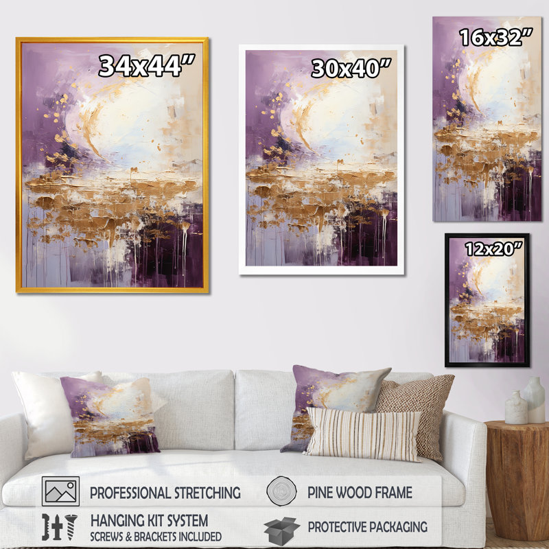 Mauve et or paysage de montagne III - paysages abstraits, art mural pour le salon, Cadre doré simple
