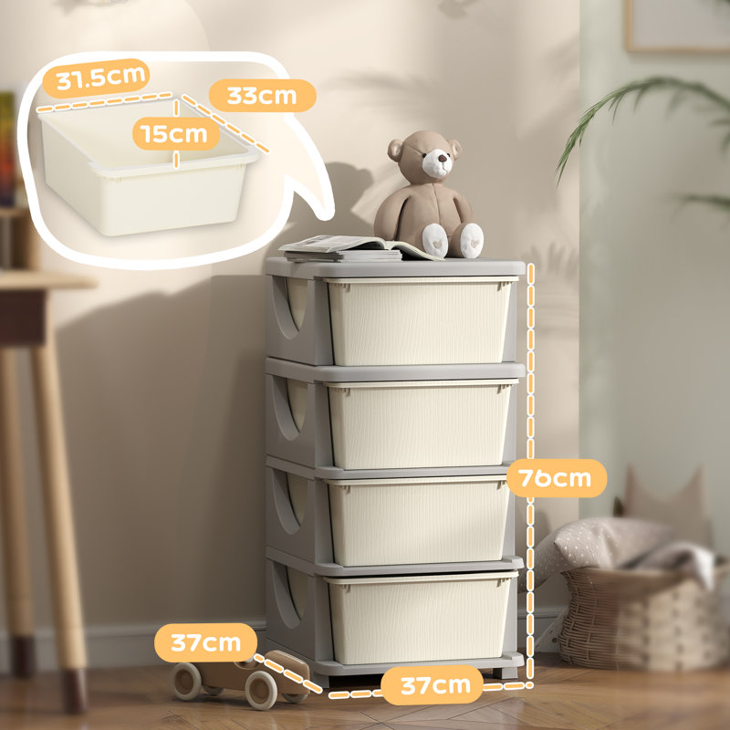 Glison 4 Drawers Plastic Kids Storage Units 4 Tier Children Toy Chest, Cream coloured
