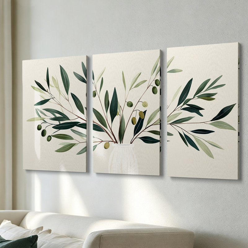 Ensemble de 3 toiles décoratives modernes à motif botanique de branches d'olivier, pour salle à manger, 40 x 90 cm (16 x 36 pouces).