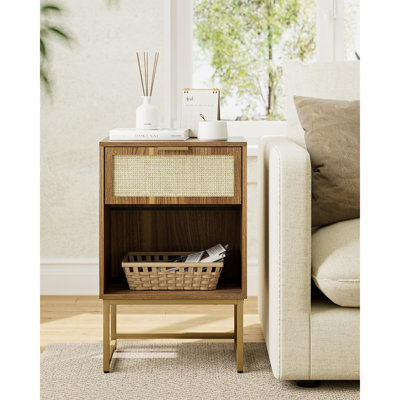 Rattan Nightstand,Modern Night Stand Boho Farmhouse Wood Bedside Table With Storage Drawer Side End Table For Bedroom,Living Room,Office,Walnut Brown
