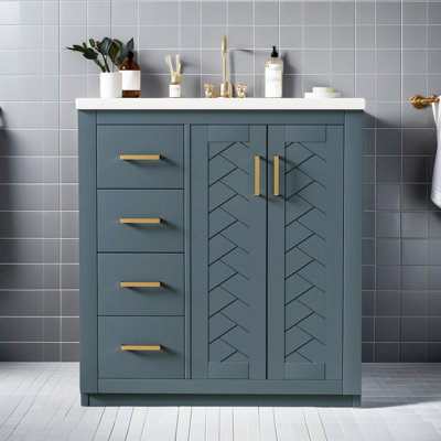 Ensemble de meuble-lavabo 30 po avec lavabo en céramique, armoire de rangement en bois massif, ensemble de meuble-lavabo autoportant avec 3 tiroirs et portes à fermeture douce