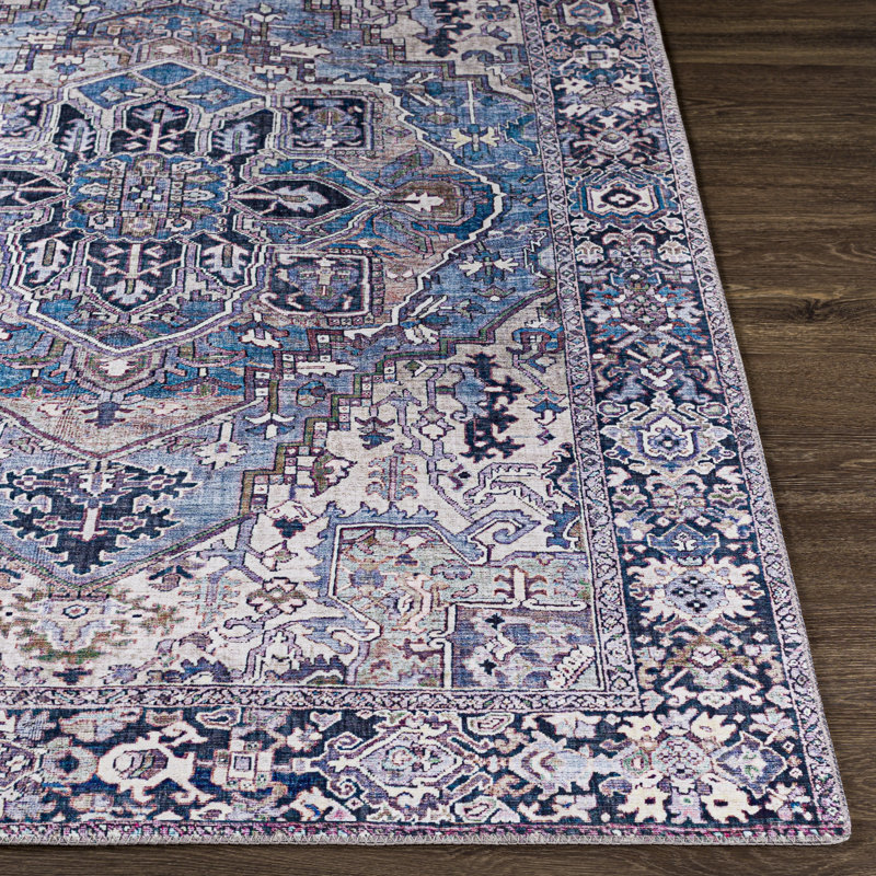 Tapis oriental tissé à la machine Albertson, Tapis de couloir 2 pi 6 po x 7 pi 6 po, Bleu / Ivoire