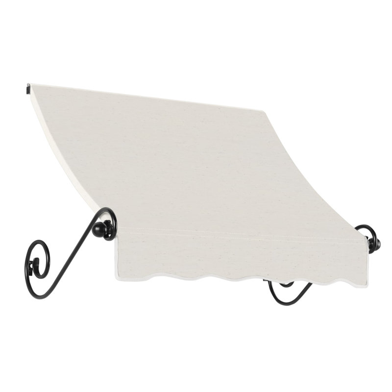 Awntech Charleston Acrylic Fabric Awning with Iron Scroll Arms, Oatmeal Tweed, 44" H x 124.5" W x 24" D