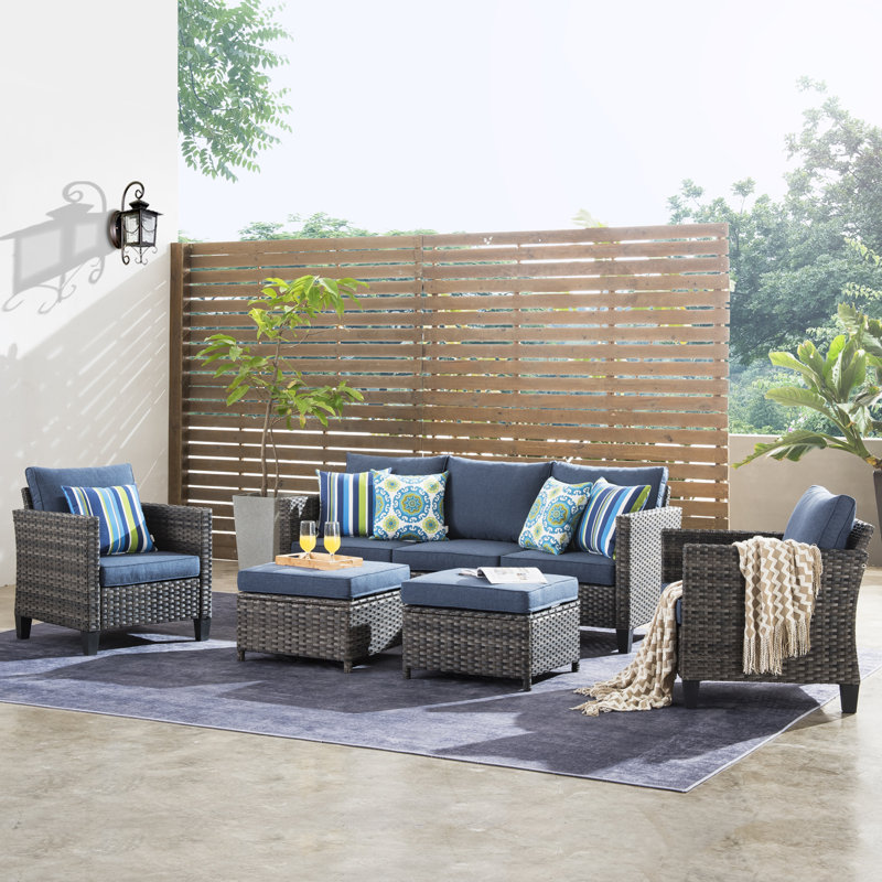 Ensemble de conversation modulaire en rotin avec coussins Amerissa, Bleu denim