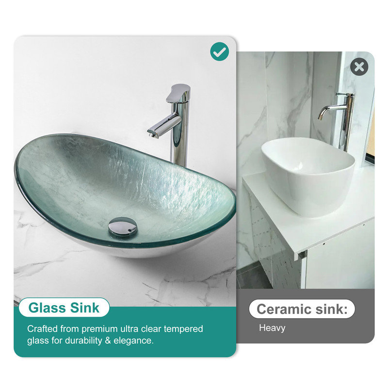Modern Tempered Glass Boat-Shaped Vessel Bathroom Sink with Pop-Up Drain for Above-Counter Installation