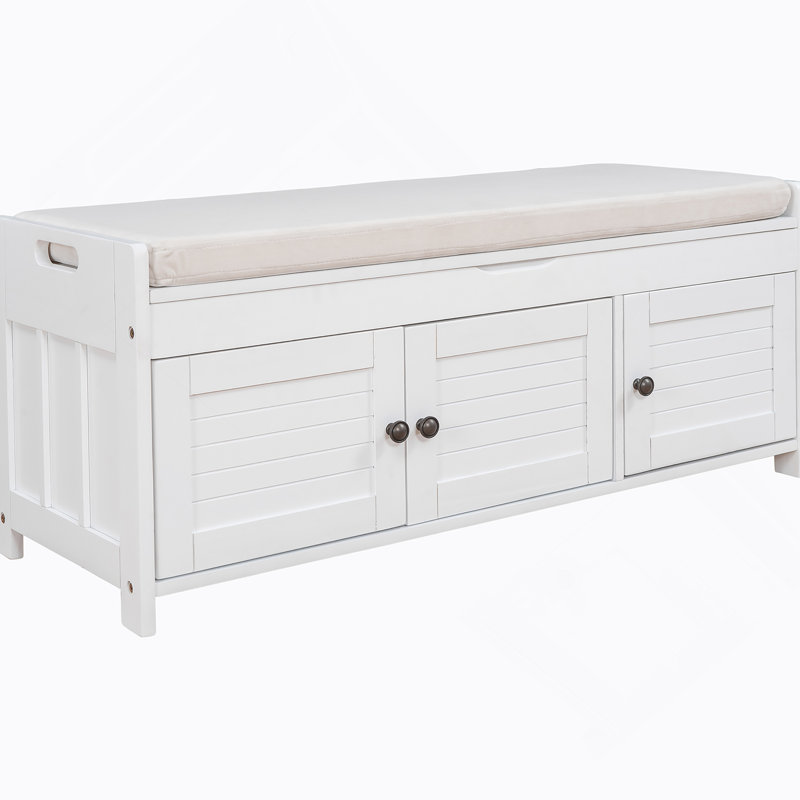 Banc de rangement avec 3 portes en forme de volet, banc à chaussures avec rangement caché, Blanc