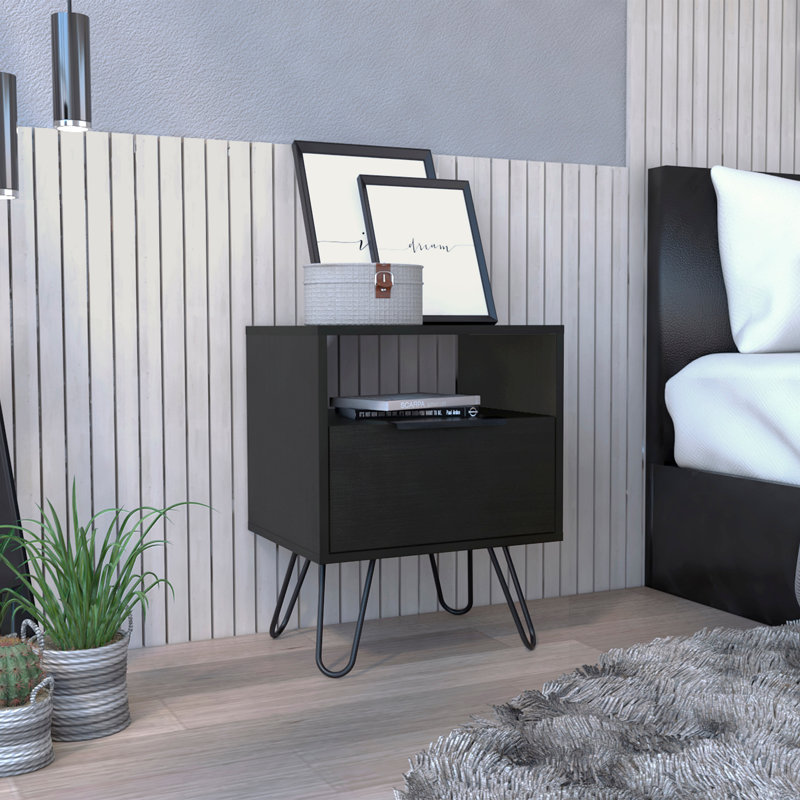 Nightstand, End Table, Side Table Single Door Cabinet, Hairpin Legs, Black