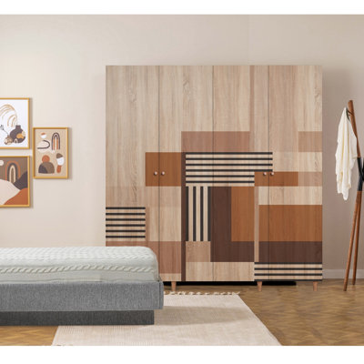 Ayreanna Modern Wardrobe with Geometric Design, Sonomo Color, 70.9 x 75.6 x 20.5 inches | 100% Melamine Coated Chipboard, 0.7 inches Thick | Hornbeam Legs, Solid Wood Handles, UV Coating, Numerous Shelves for Optimal Storage