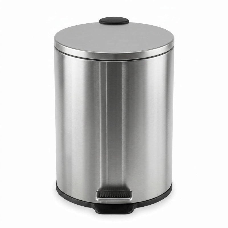 5L/1.3 gal Round Trash Can, Bathroom Wastebasket with Soft-Close Lid | Step Foot Pedal, Removable Inner Bucket, Brushed Stainless Steel, for Office, Bedroom, Toilet, Live Room, Silver