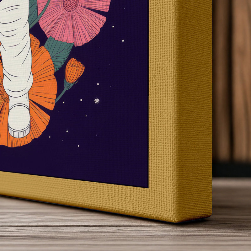 Astronaut Among Blooms Modern - Wrapped Canvas, 30x20 - 76.2 x 50.8 cm, Ochre Border