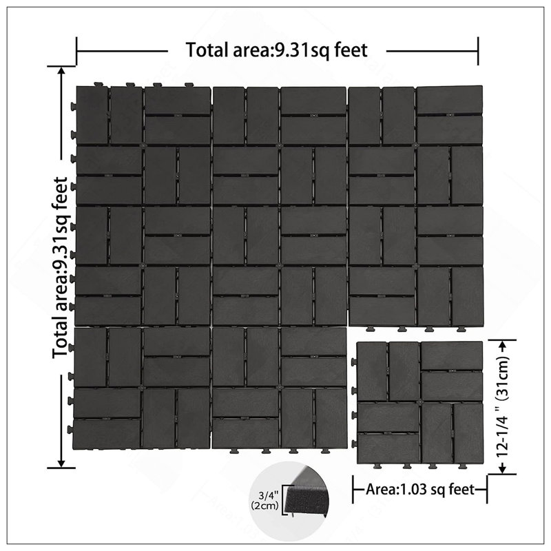 Carreaux de terrasse à emboîtement de patio, revêtement de sol composite résistant aux intempéries pour une utilisation extérieure et intérieure, paquet de 36