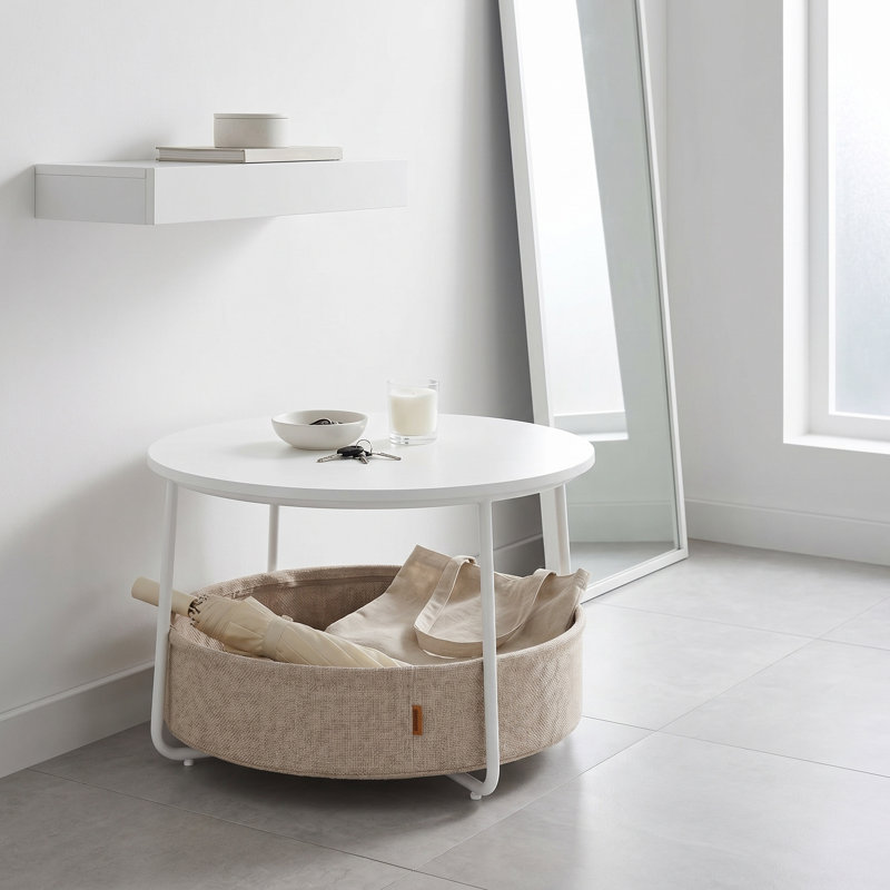 Round Coffee Table With Storage - Modern Center Table With Fabric Basket And Metal Frame, For Living Room, Matte White And Camel Brown