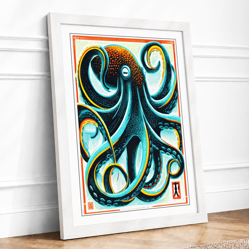 Octopus in Motion Japandi 1 Piece Single Picture Frame Wall Art, A1 - 84.1 x 59.4 cm, White
