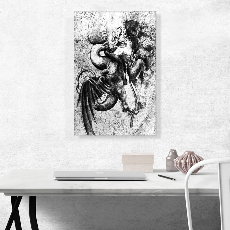 " Battle Between A Dragon And A Lion " by Leonardo Da Vinci Painting Print, 26" H x 18" W x 0.75" D