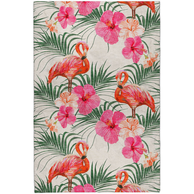Premium Machine Washable Dream Shag ADS207 Leaves and Flamingos Rug, 8' x 10'