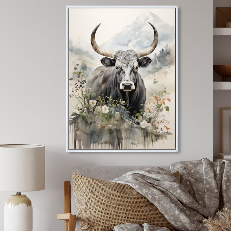 Bianaca, art asiatique, vache Sumi III, H 32 po x l 24 po x P 1 po, Cadre flottant blanc