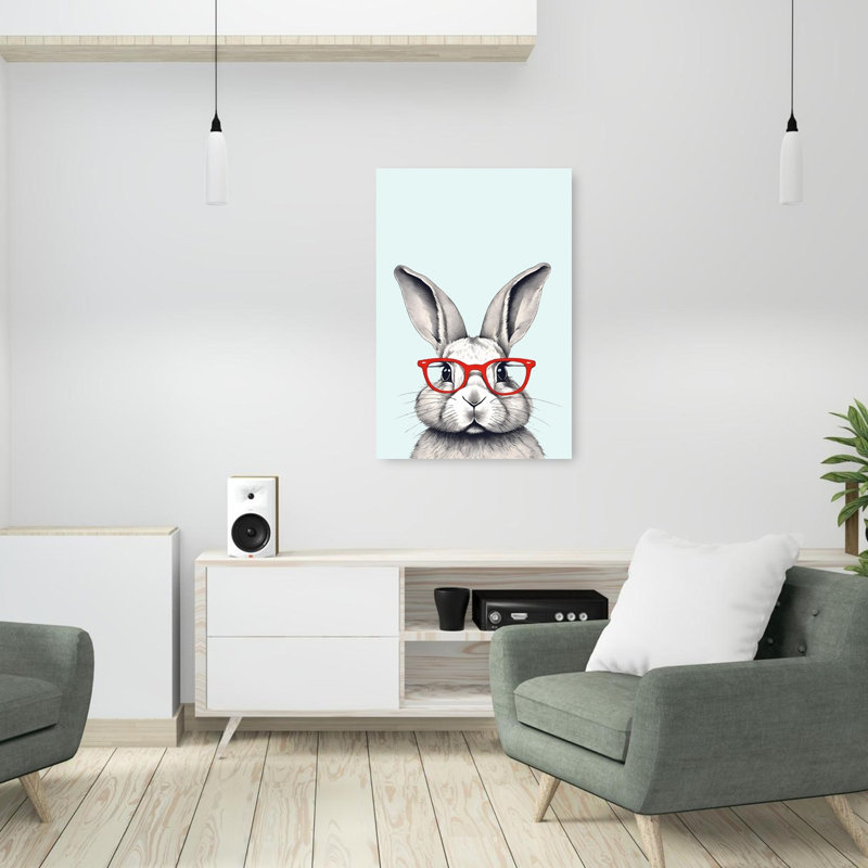 «Smart Bunny», lunettes rouges, fantaisiste, portrait de lapin contemporain, forêt, impression murale, 36" H x 24" W