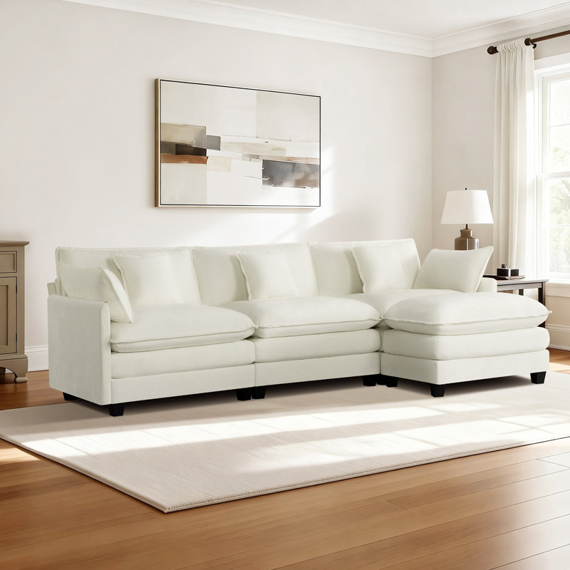 Canapé modulaire rembourré 4 pièces avec méridienne Colmenero, Lin, polyester