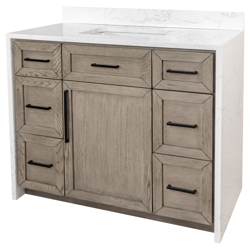 Akalya 42'' Waterfall Bathroom Vanity with Engineered Stone Vanity Top, Gray Oak/White