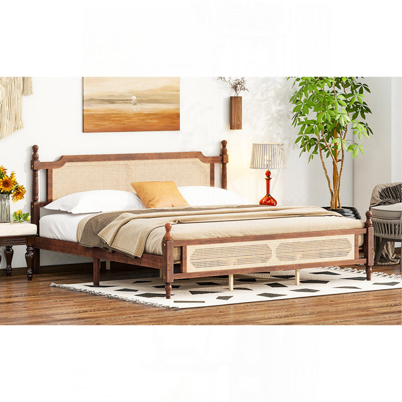Très grand lit en bois de pin avec tête et pied de lit en rotin, avec plateforme de lit rehaussée centrale, noyer, Noyer