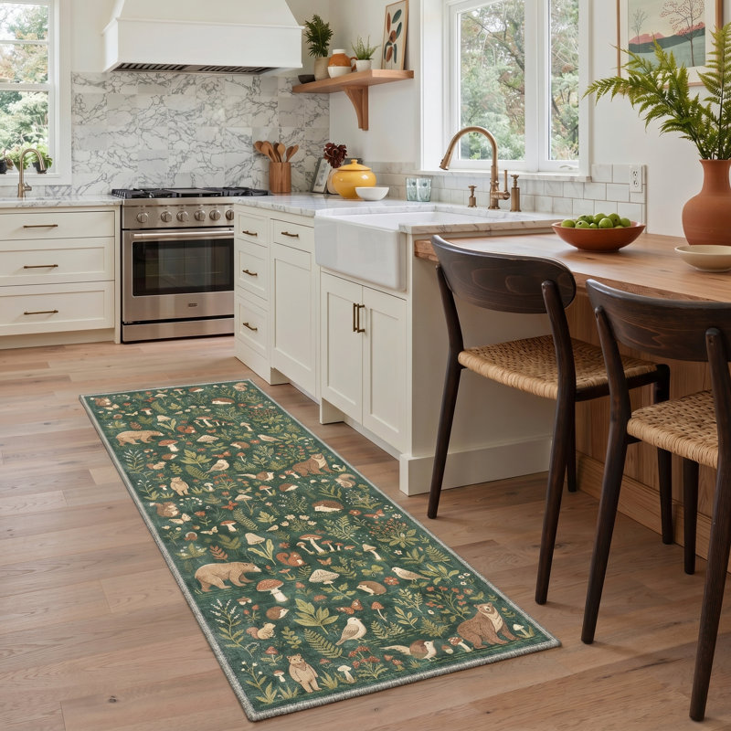 Bungalow Rose Faunawood Machine Washable Non-Slip Woodland Creatures Mushroom Area Rug, Runner 2'3" x 6'