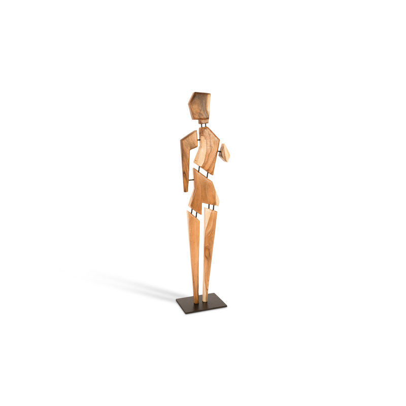 Tall Black and Brown Acacia Wood Sculpture with Iron Base