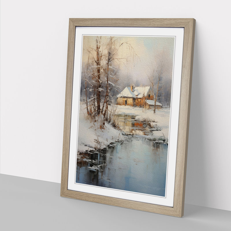 Winter Landscape Impressionism - Single Picture Frame Print on Wood, 34cm H x 25cm W x 2cm D, Oak