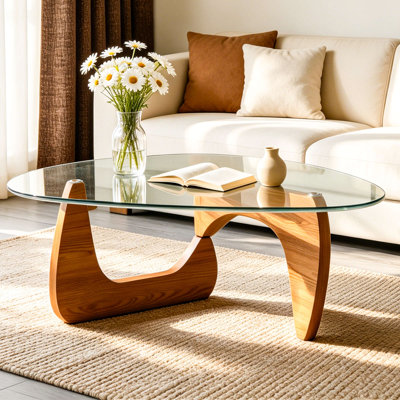 Table basse de style Mid-Century, plateau central en verre trempé avec base en bois massif robuste, table d'appoint de salon moderne pour petits espaces