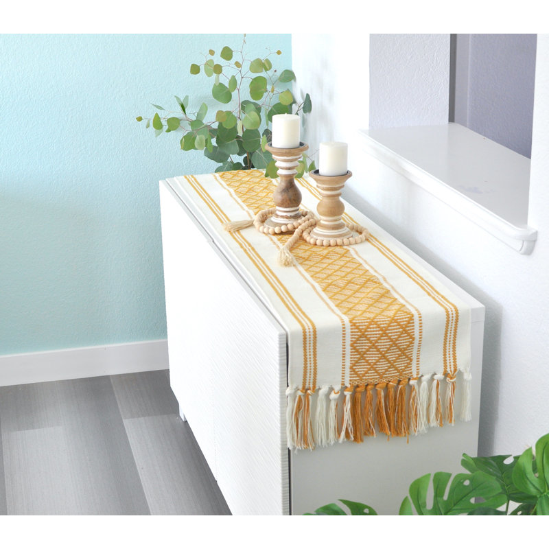Mustard Yellow and Cream Cotton Boho Table Runner with Tassels