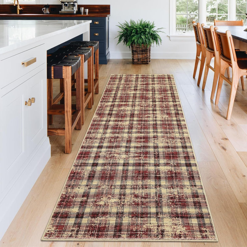 Plaid Machine Printed Area Rug, Red, Runner 60 x 230 cm