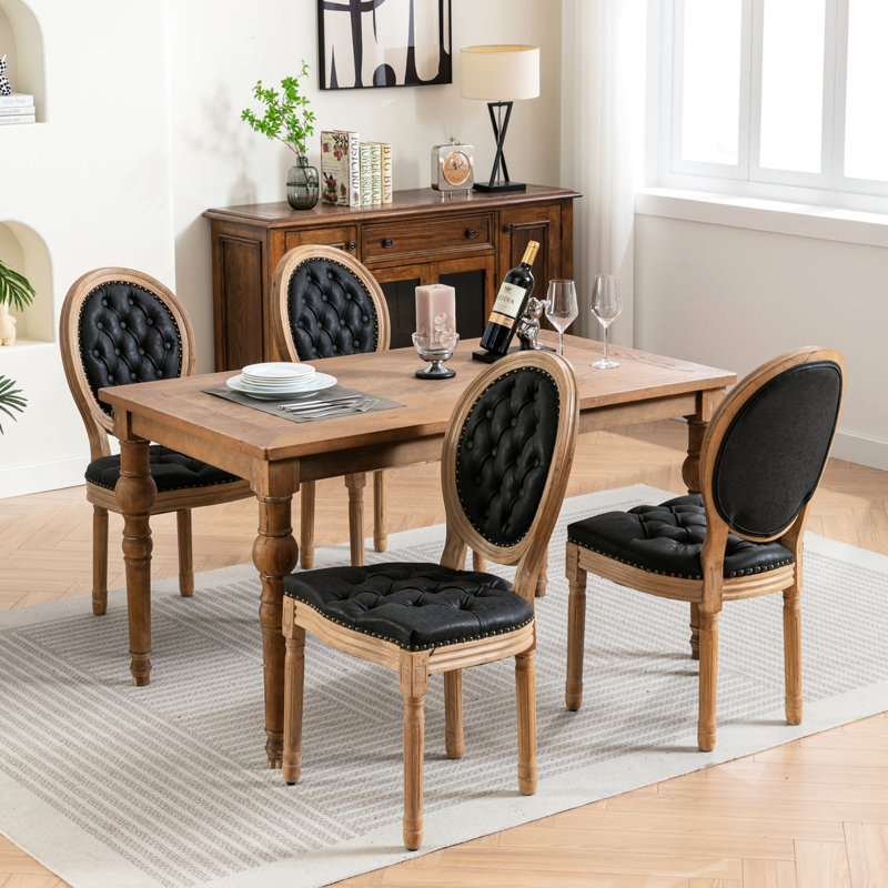 Chaise de salle à manger en cuir noir Pu de 2 personnes, pieds en bois massif, rivets décoratifs, support pour haut dossier, ressort, 2 pièces en cuir artificiel Sw1839bk, structure, boucle tirée à la main, coussin de ressort,