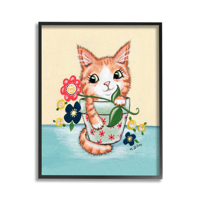 Stupell Industries Kitten In Flower Pot Framed Giclee Art By Michelle Gilsey In Midnight Black Framed Giclee